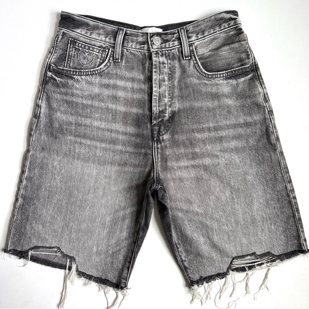 7 For All Mankind Easy James Bermuda Jean Short in Fern Grey Frayed Hem Size 26